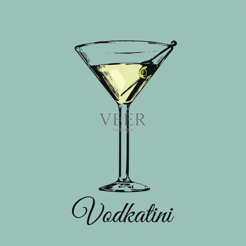 vodkatini玻璃标志.矢量酒精饮料颜色插图.绘制橄榄传统鸡尾酒草图.